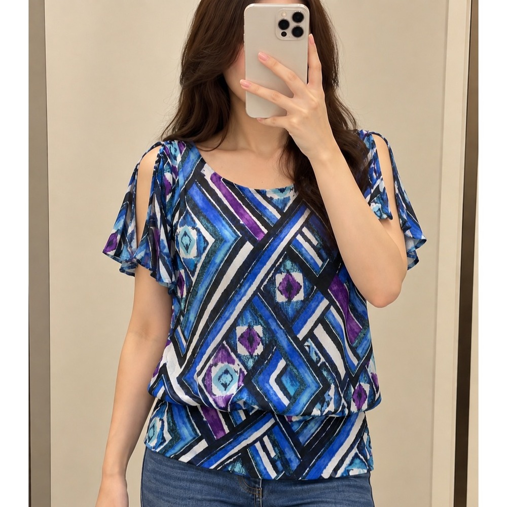 Chicos Size 1 Blue Purple Geometric Mesh Cold Shoulder Blouson Top Blouse